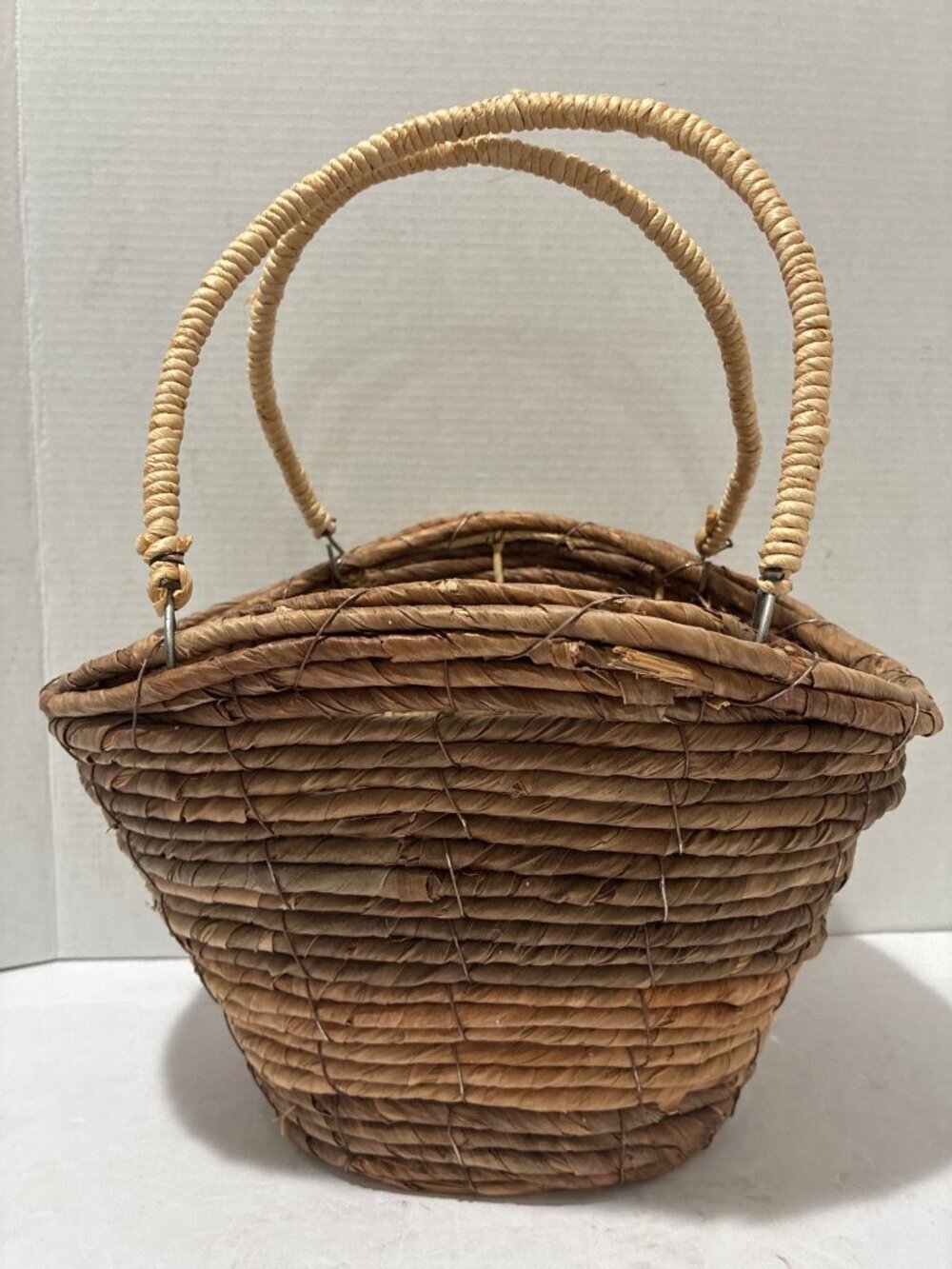 rustic rare wicker basket natural brown corn rope handmade twisted branch handle